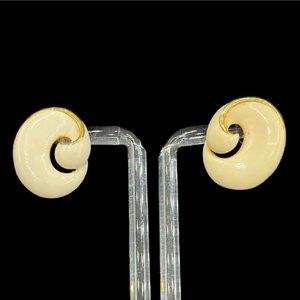Vintage 80s Cream and Gold Enamel Fashion Earrings Signed RA